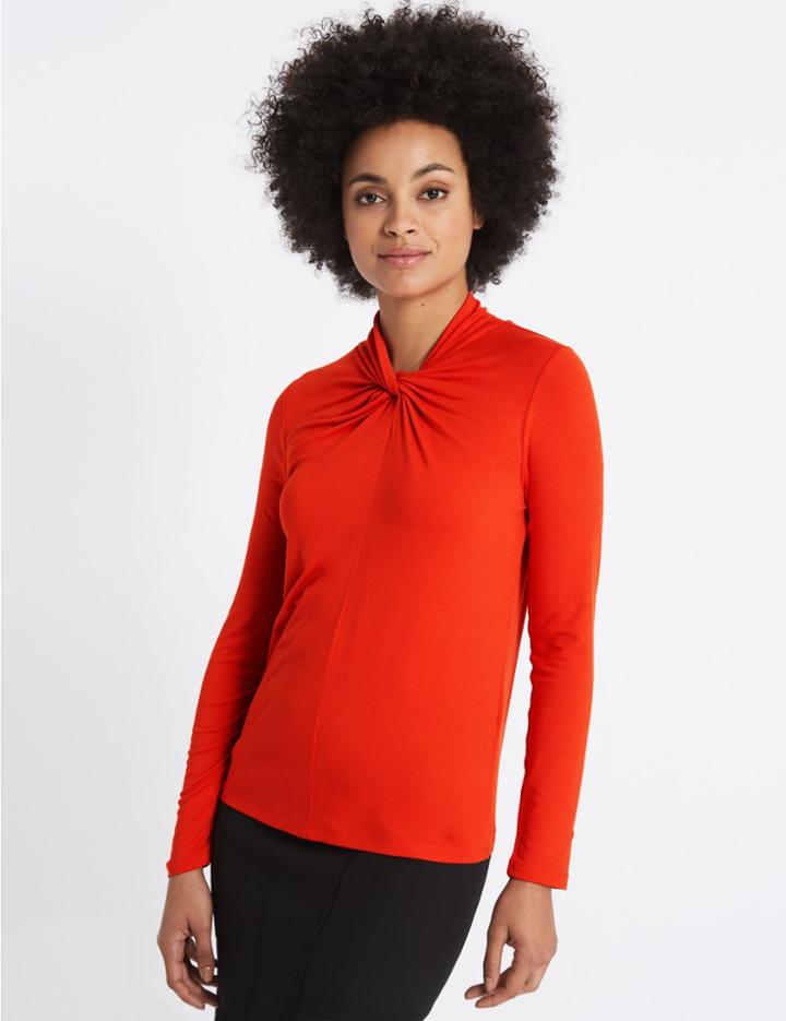 Marks & Spencer Knot Front Round Neck Long Sleeve T-shirt Paprika