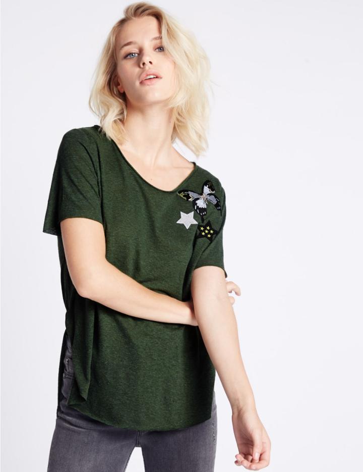 Marks & Spencer Butterfly Badge Short Sleeve Jersey Top Khaki