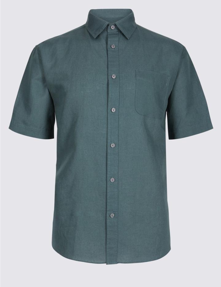 Marks & Spencer Linen Rich Shirt With Pocket Forest Green