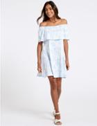 Marks & Spencer Palm Print Half Sleeve Bardot Dress Blue Mix