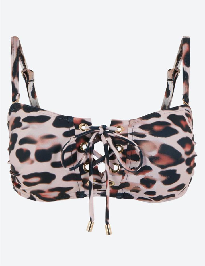 Marks & Spencer Animal Print Lace-up Bandeau Bikini Top Cream Mix