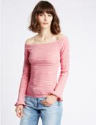Marks & Spencer Cotton Blend Striped Long Sleeve Bardot Top Pink Mix