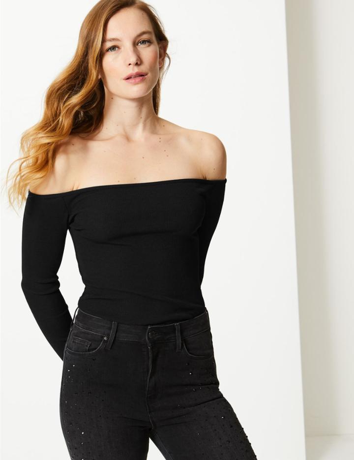 Marks & Spencer Textured Long Sleeve Bardot Top Black