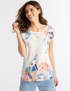 Marks & Spencer Floral Woven Front Short Sleeve T-shirt Ivory Mix