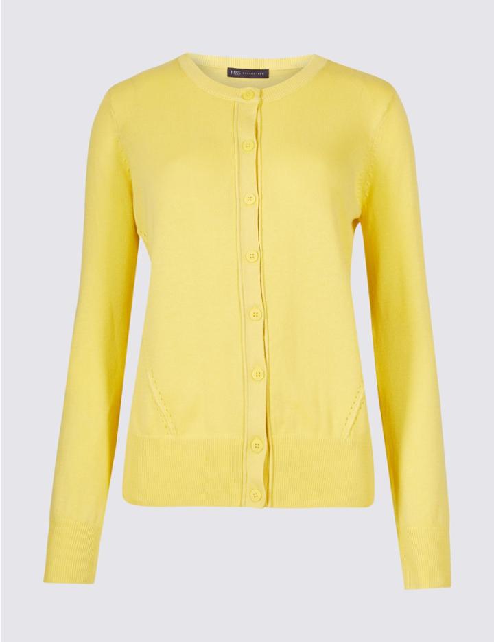 Marks & Spencer Pure Cotton Round Neck Long Sleeve Cardigan Mimosa
