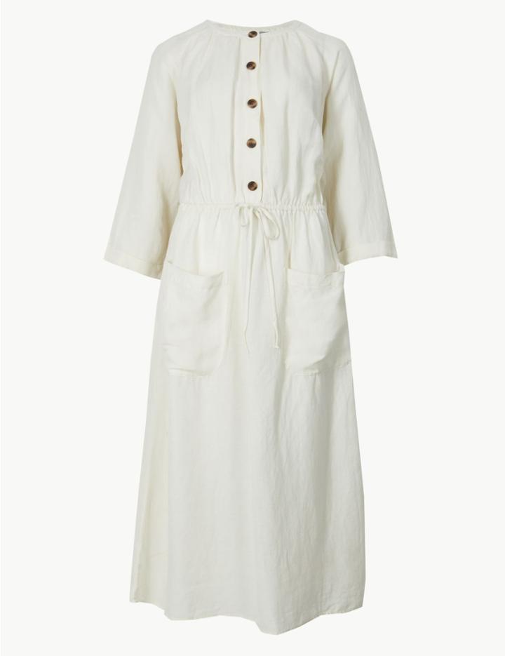 Marks & Spencer 3/4 Sleeve Waisted Midi Dress Cream