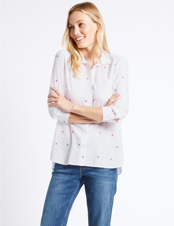 Marks & Spencer Pure Cotton Palm Embroidered Shirt Ivory Mix