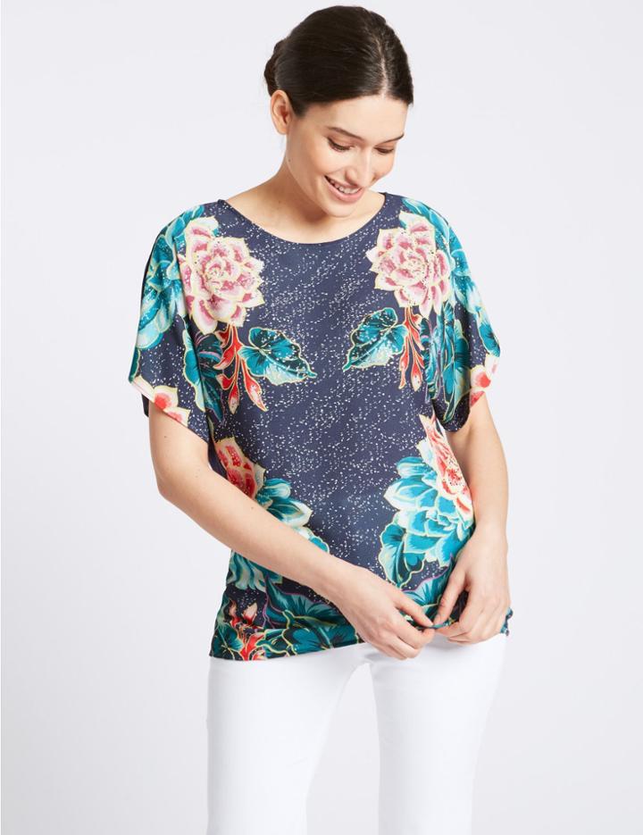 Marks & Spencer Floral Print Woven Front Short Sleeve Top Navy Mix