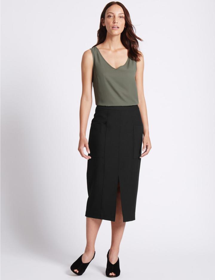 Marks & Spencer Front Split Patch Pocket Pencil Midi Skirt Black