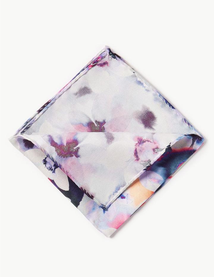 Marks & Spencer Pure Silk Printed Pocket Square Blue