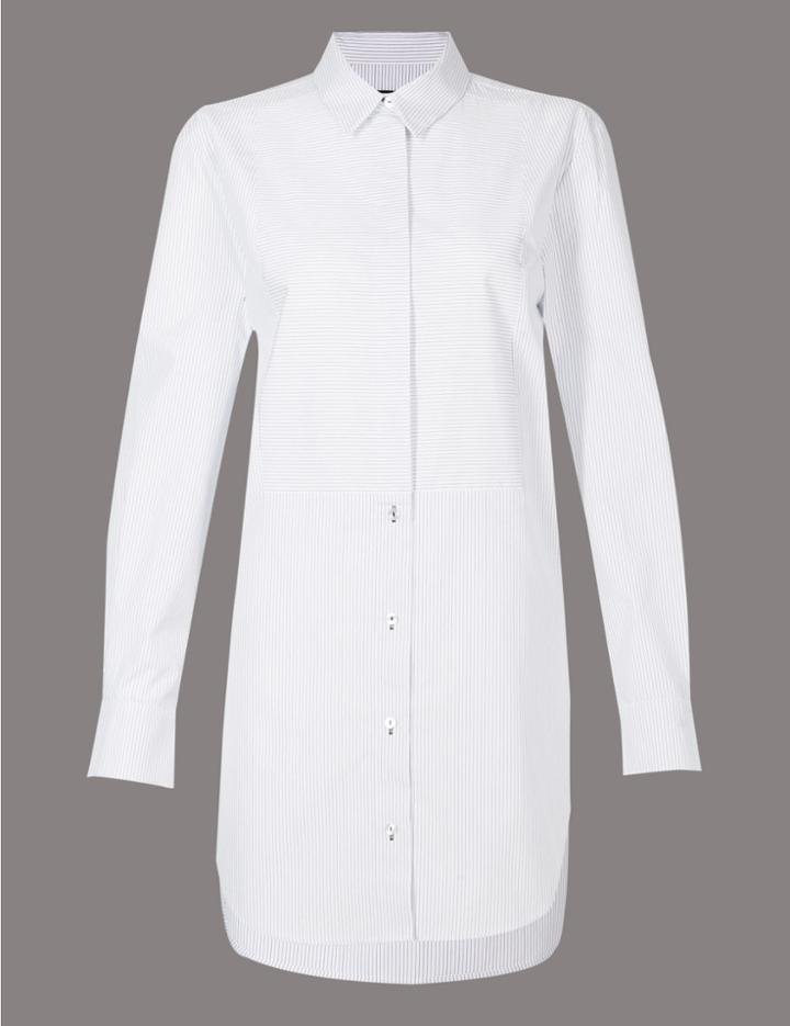 Marks & Spencer Cotton Rich Poplin Longline Shirt Blue Mix