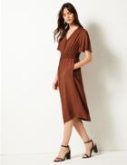 Marks & Spencer Checked Button Front Waisted Midi Dress Tobacco