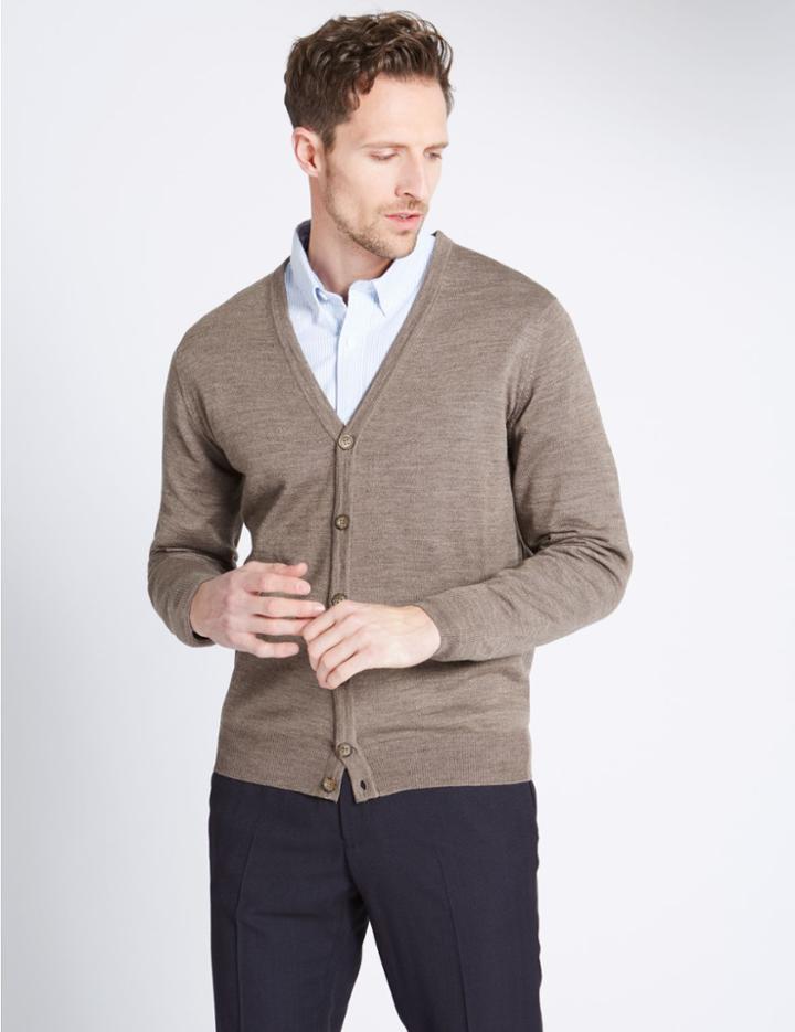 Marks & Spencer Merino Wool Blend Tailored Fit Cardigan Mocha