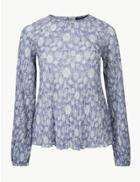 Marks & Spencer Floral Print Round Neck Long Sleeve Blouse Blue Mix