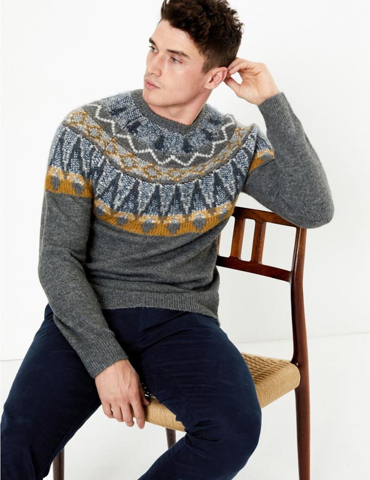 Marks & Spencer Fairisle Print Crew Neck Jumper Grey