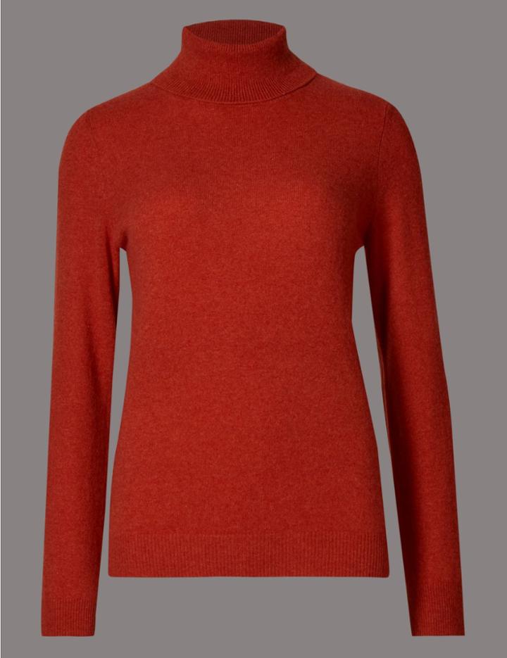 Marks & Spencer Pure Cashmere Polo Neck Jumper Burnt Orange