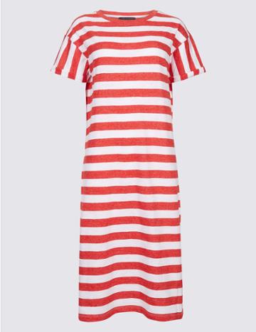 Marks & Spencer Cotton Rich Striped T-shirt Midi Dress Red Mix