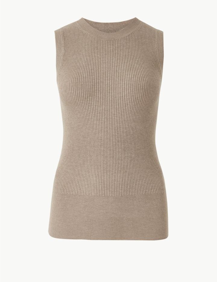 Marks & Spencer Ribbed Round Neck Knitted Top Neutral
