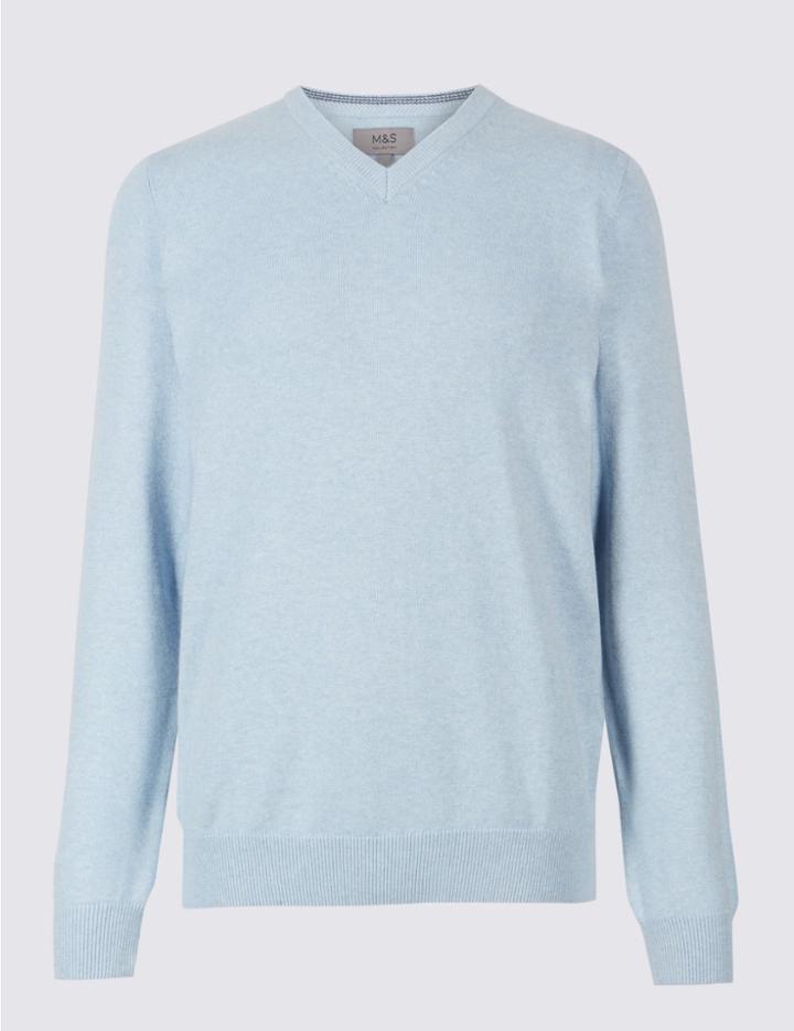 Marks & Spencer Pure Cotton V-neck Jumper Light Blue