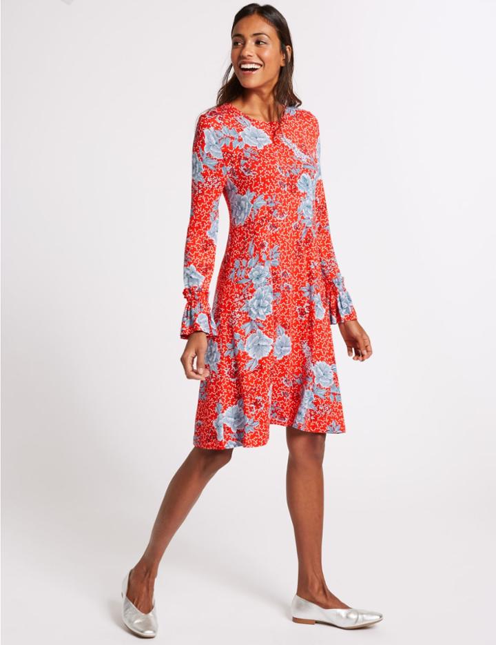 Marks & Spencer Floral Print Ruffle Long Sleeve Swing Dress Red Mix