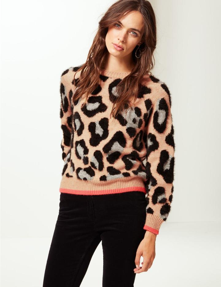 Marks & Spencer Animal Print Round Neck Jumper Oatmeal Mix