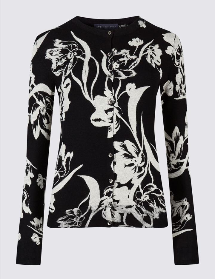 Marks & Spencer Floral Print Round Neck Cardigan Black