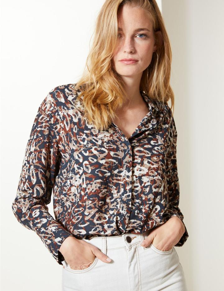 Marks & Spencer Printed Longline Long Sleeve Shirt Dark Brown Mix