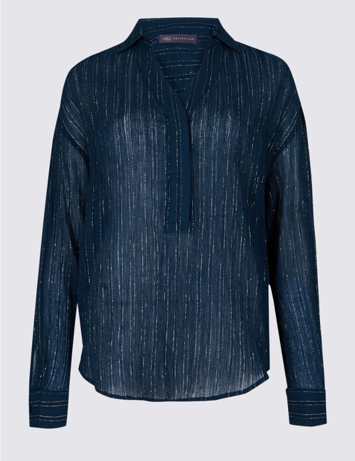 Marks & Spencer Cotton Rich Striped Long Sleeve Blouse Navy