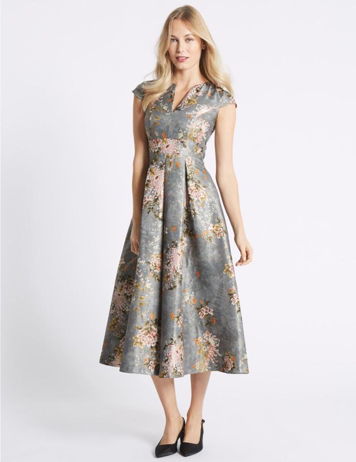 Marks & Spencer Jacquard Cap Sleeve Prom Midi Dress Grey