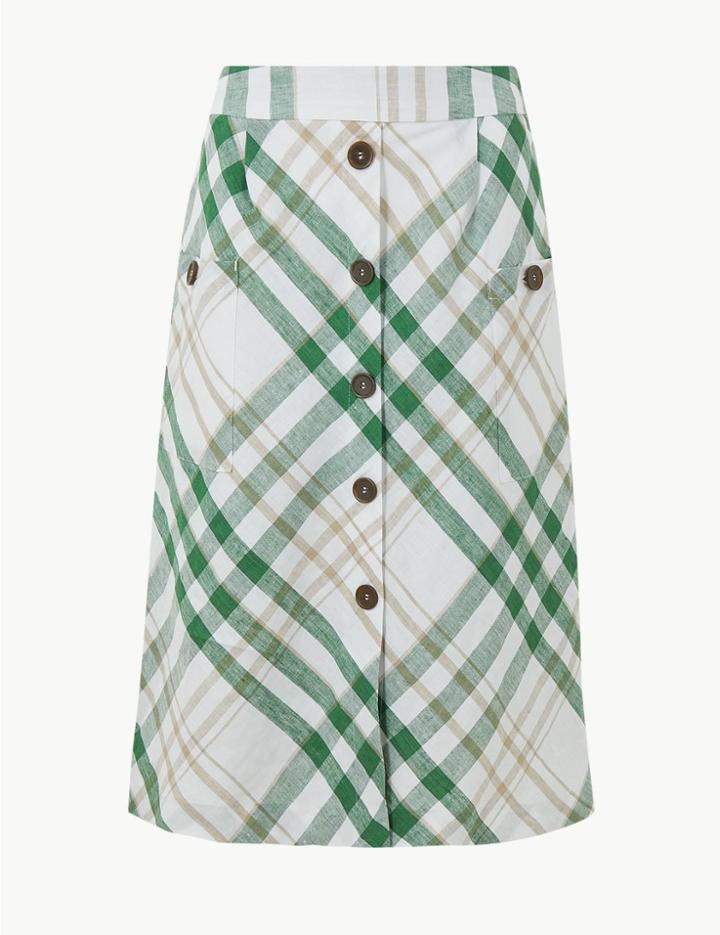 Marks & Spencer Pure Linen Checked A-line Midi Skirt Green Mix