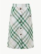 Marks & Spencer Pure Linen Checked A-line Midi Skirt Green Mix