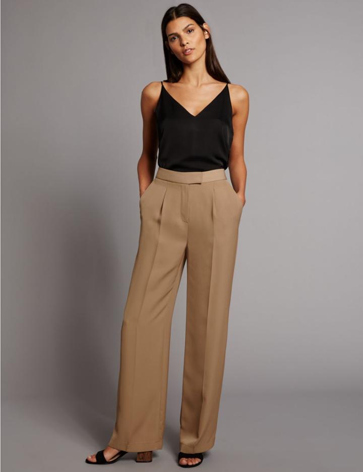 Marks & Spencer Twill Pleated Wide Leg Trousers Dark Camel