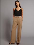 Marks & Spencer Twill Pleated Wide Leg Trousers Dark Camel