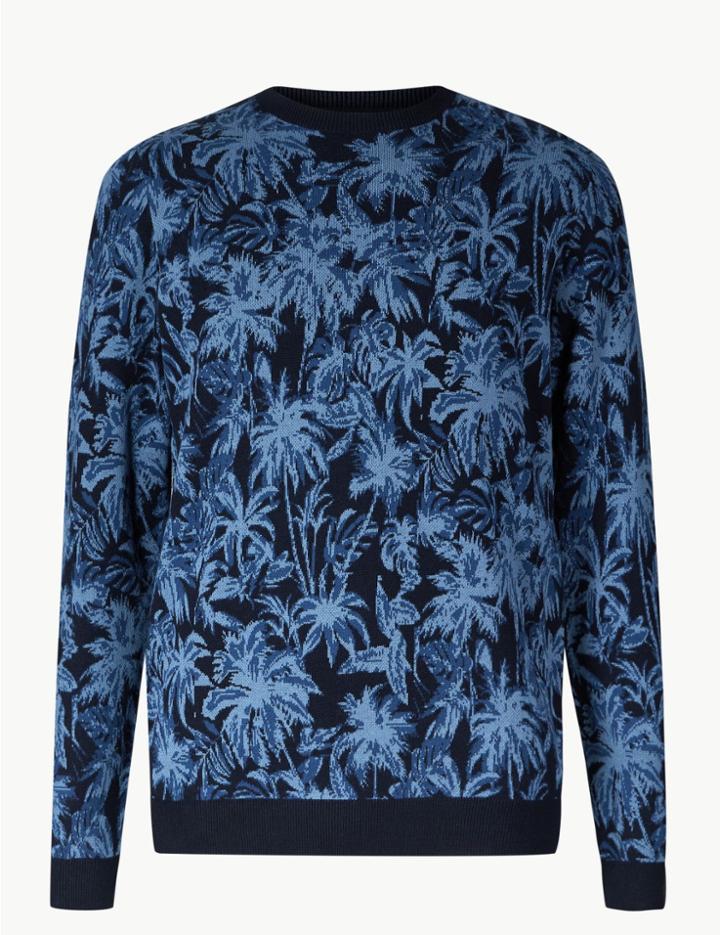 Marks & Spencer Pure Cotton Palm Print Jumper Blue Mix