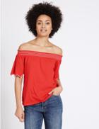 Marks & Spencer Cotton Blend Short Sleeve Bardot Top Lipstick