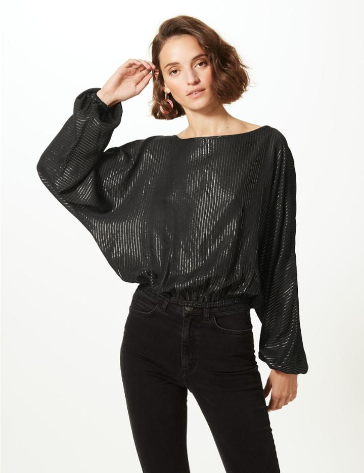 Marks & Spencer Striped Boat Neck Long Sleeve Blouse Black