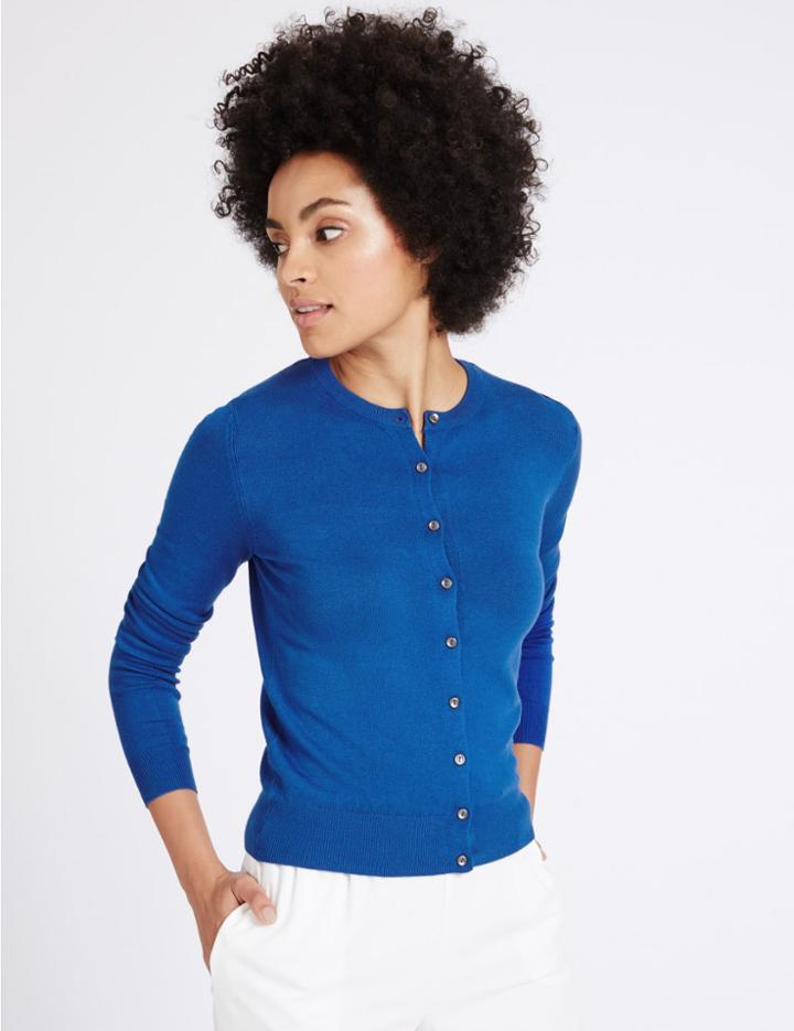 Marks & Spencer Ribbed Hem Round Neck Cardigan Prussian