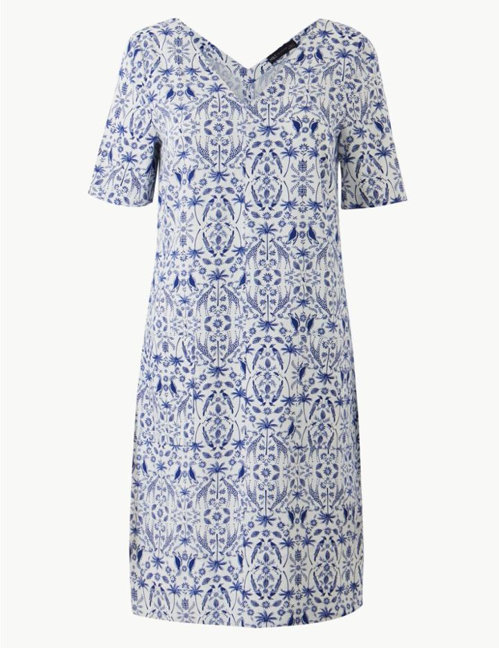 Marks & Spencer Printed Short Sleeve Shift Dress Blue Mix