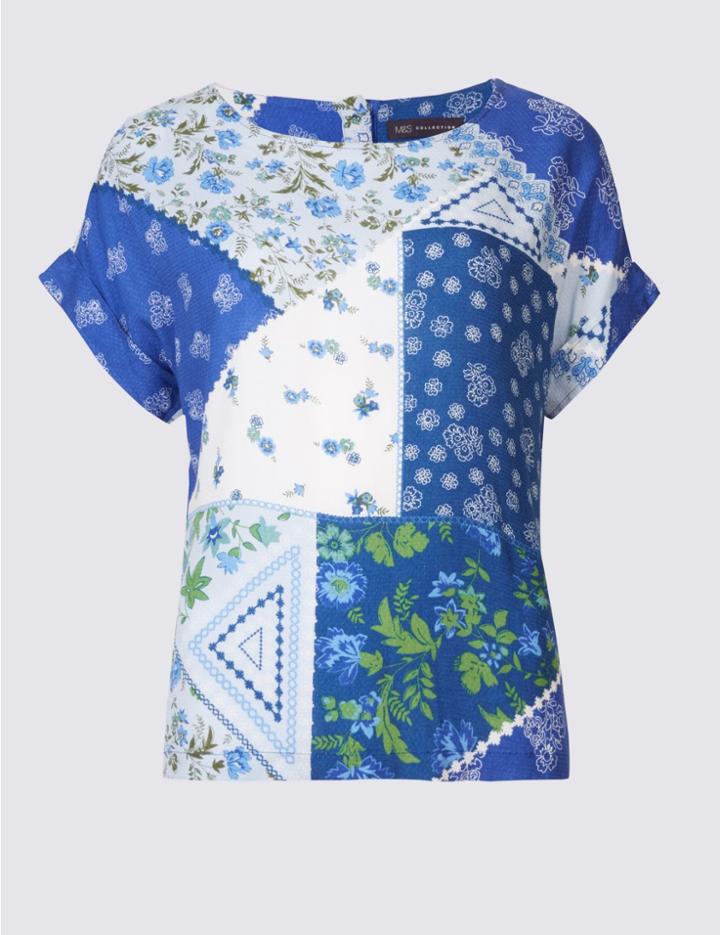 Marks & Spencer Petite Floral Print Short Sleeve Shell Top Blue Mix