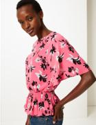 Marks & Spencer Floral Print Smocked Waist Blouse Pink Mix