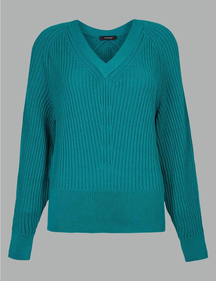 Marks & Spencer Pure Cotton Textured V-neck Jumper Sea Green