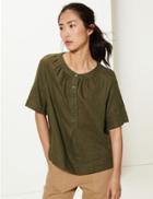 Marks & Spencer Pure Linen Button Detailed Blouse Khaki