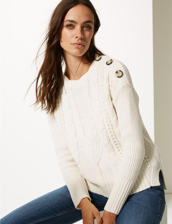 Marks & Spencer Cotton Blend Cable Round Neck Jumper Cream