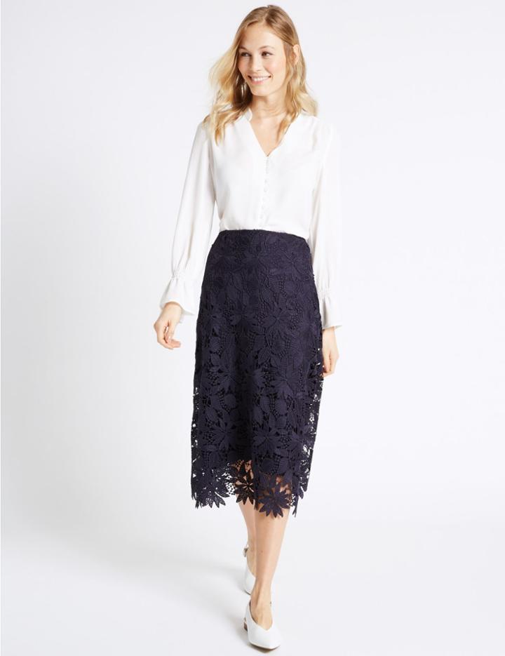 Marks & Spencer Floral Lace A-line Midi Skirt Navy