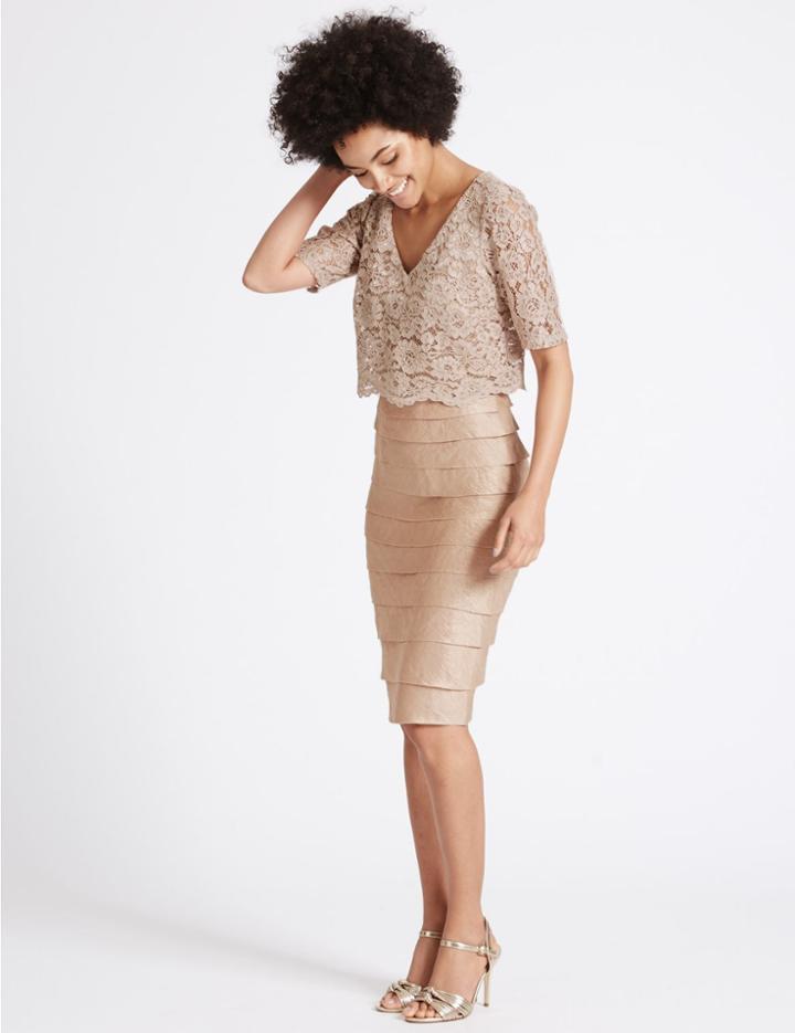 Marks & Spencer Shutter Pleated Floral Lace Shift Dress Champagne