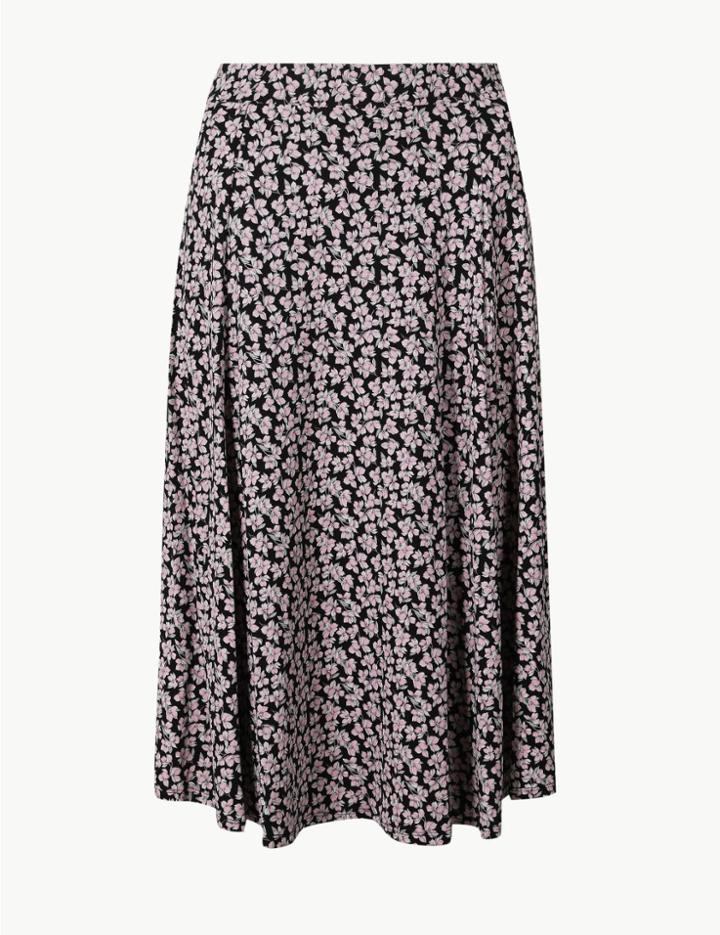 Marks & Spencer Floral Print Jersey Pleated Midi Skirt Black Mix