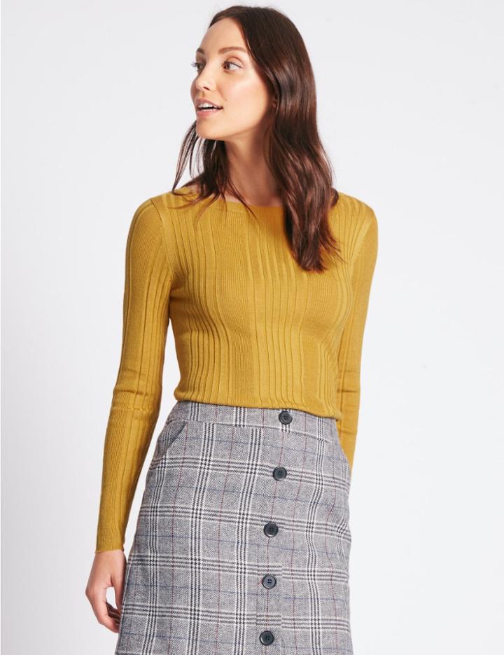Marks & Spencer Variegated Ribbed Slash Neck Jumper Dark Gold