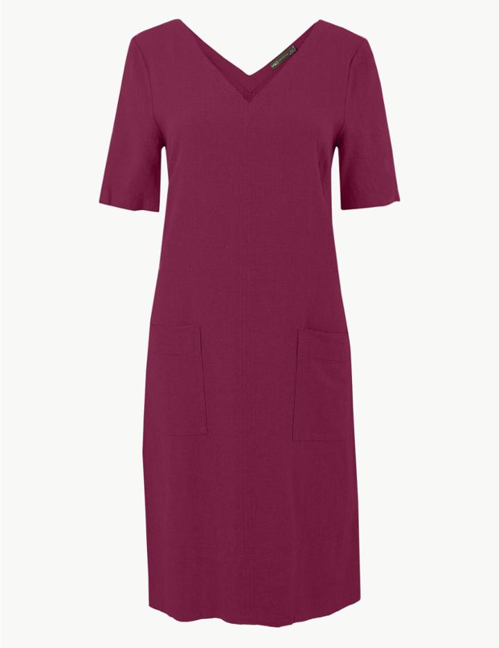 Marks & Spencer Linen Rich Patch Pocket Shift Dress Dark Magenta