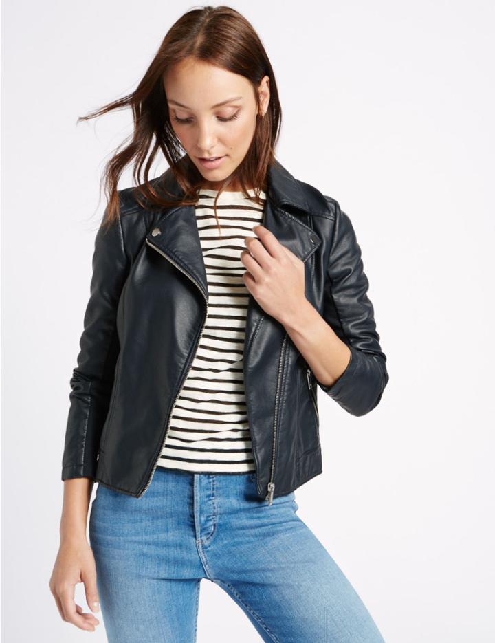 Marks & Spencer Crossed Zipped Biker Jacket Midnight Navy