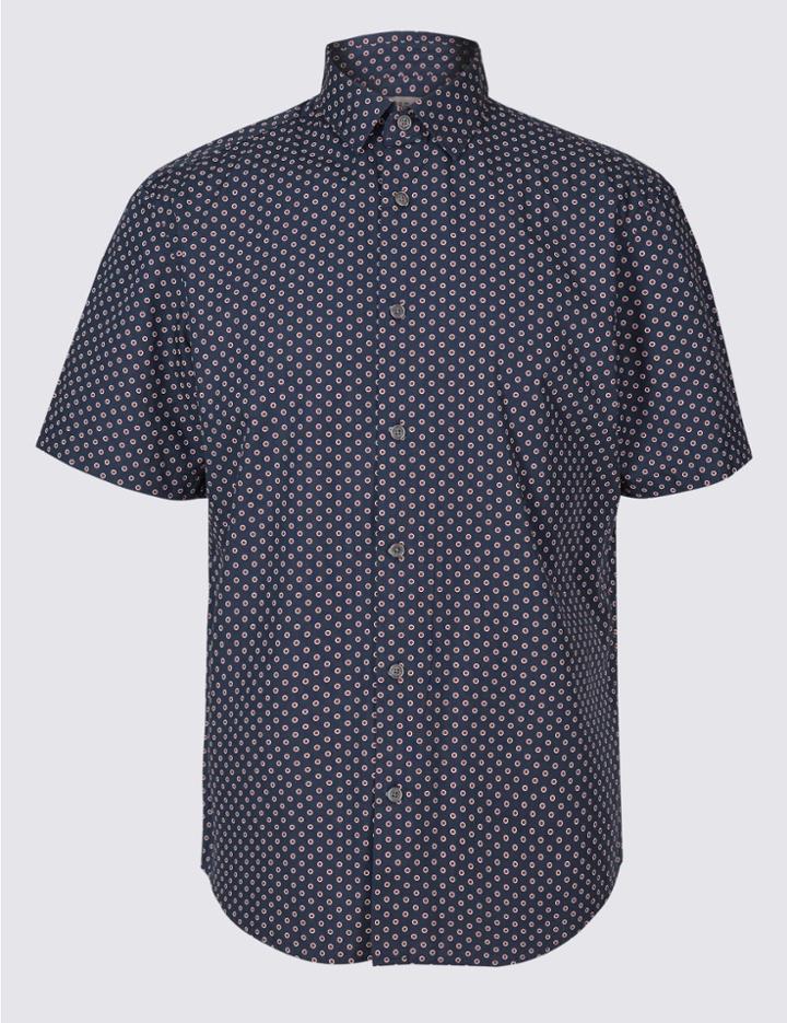 Marks & Spencer Pure Cotton Spotted Shirt Navy Mix